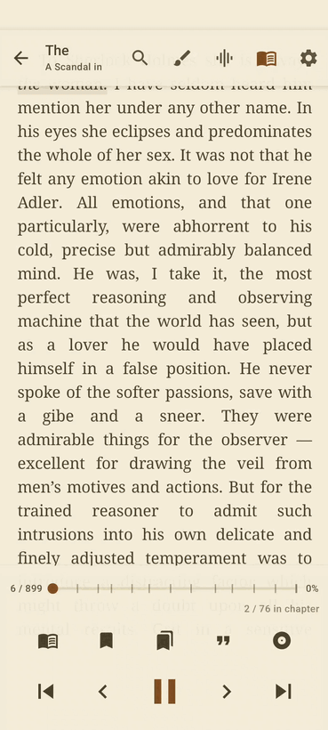 The reader in audio mode with playback controls for reading a book aloud