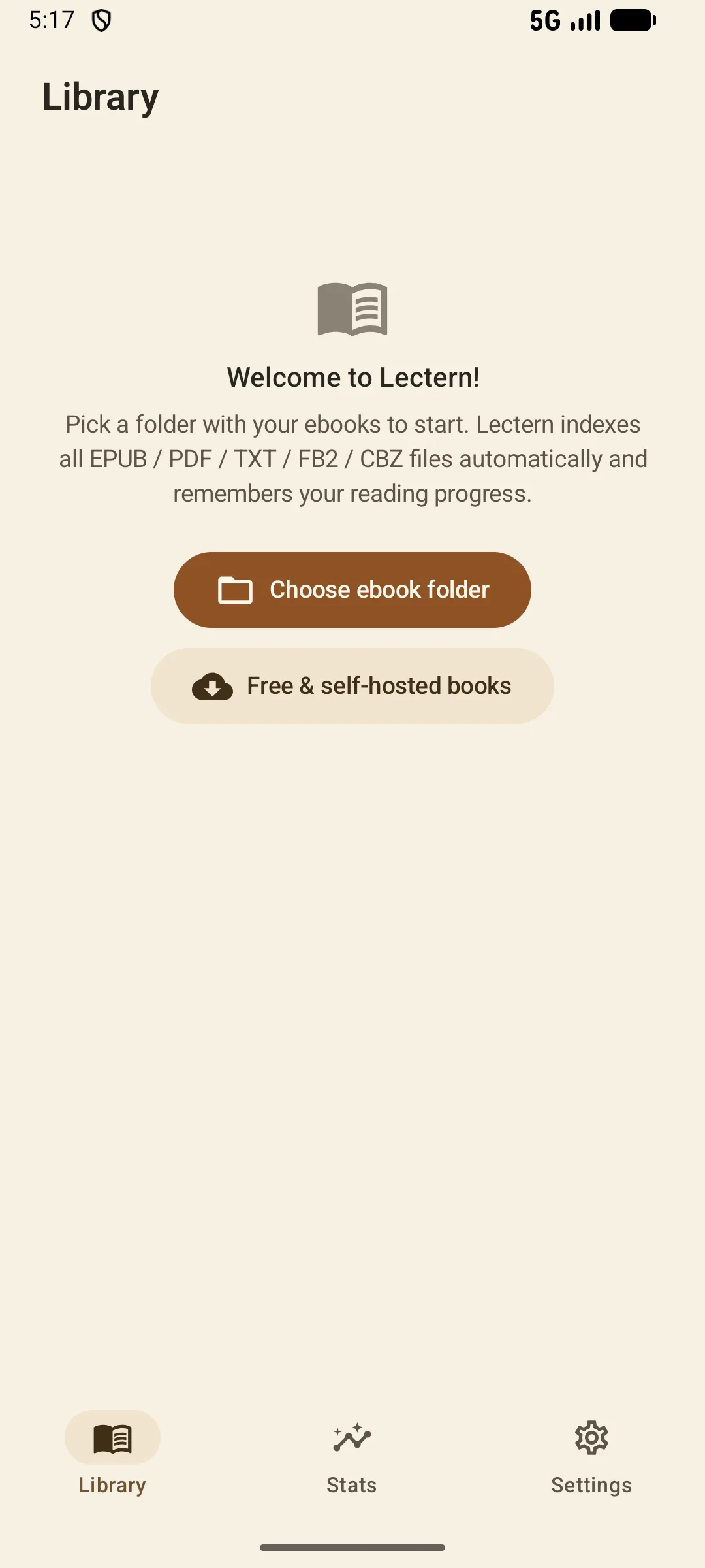 Empty Lectern library with the Free and self-hosted books button