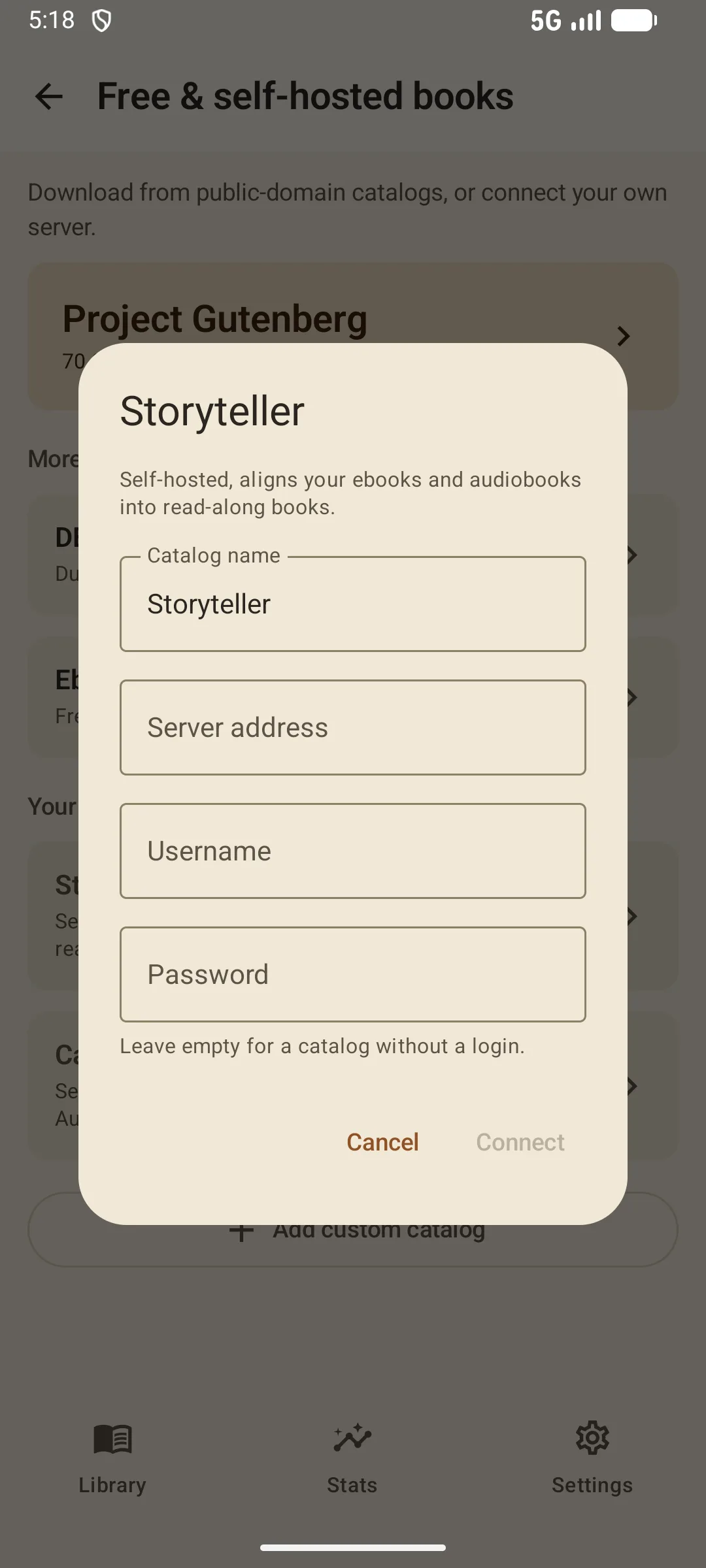 Lectern Storyteller connection dialog with server address, username and password fields