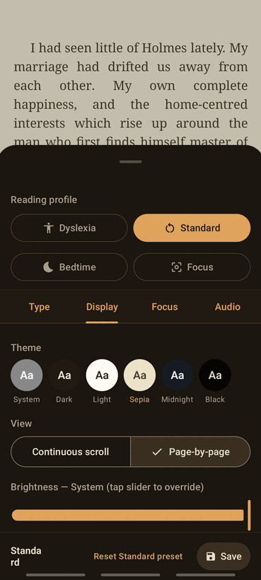 Lectern reader settings with theme swatches, fonts and spacing controls